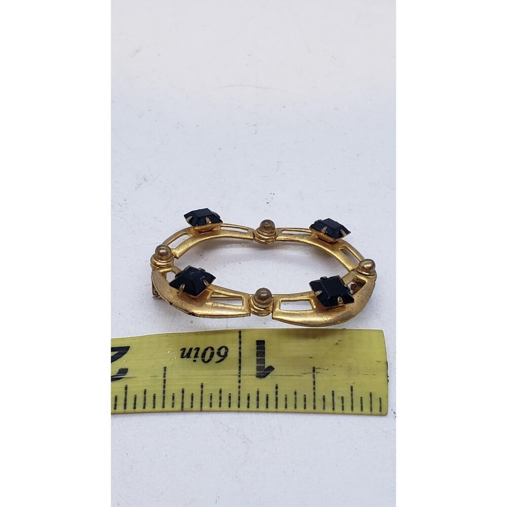Vintage 10k Gold Plate Brooch Pin Art Deco Oval Openwork Black Rhinestone - Picture 9 of 16